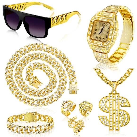 Hip Hop Jewelry Set Dollar Sign Pendant Necklace Bracelet Watch Sunglasses